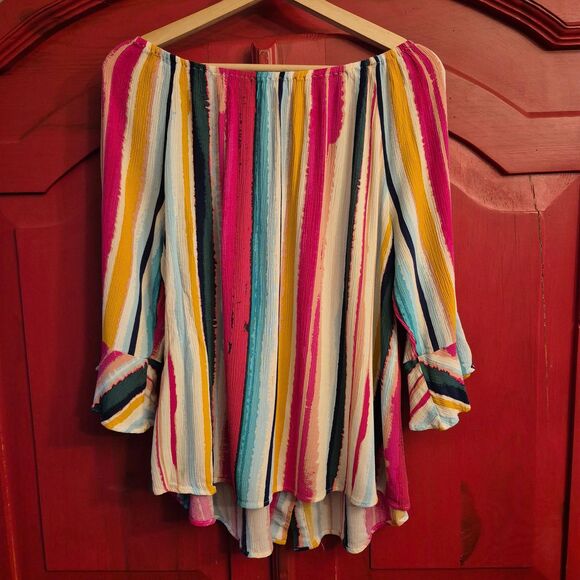 Zac & Rachel XL Bright Striped Spring Rayon Shirt Flare Cuff Pink Button EUC - Picture 2 of 3